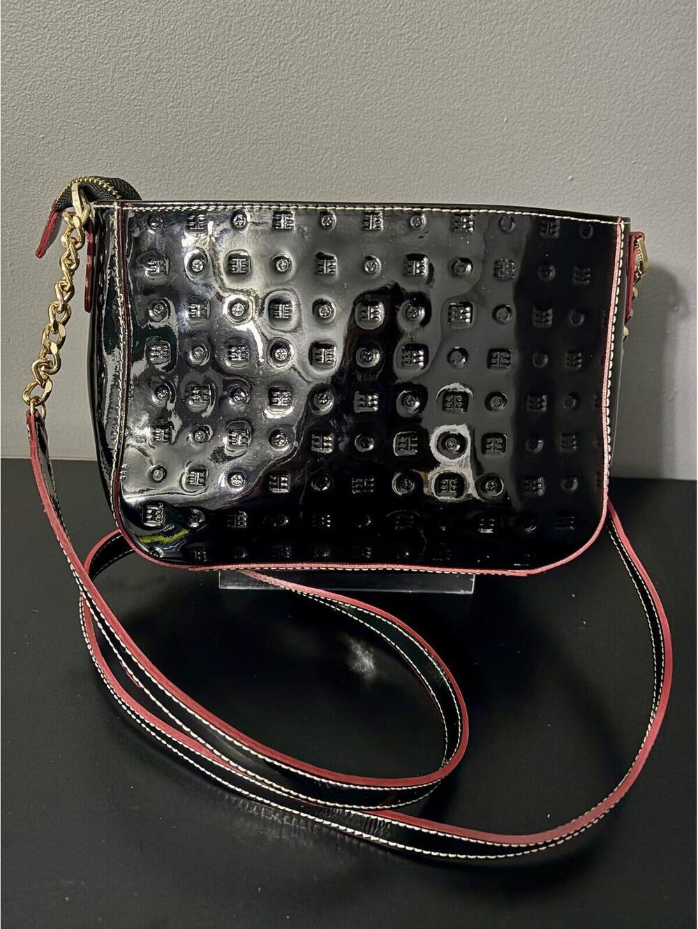ARCADIA Italy Black Patent Leather Embossed Logo Crossbody Bag Red Trim